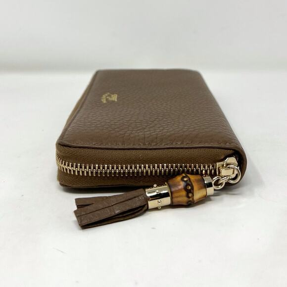 Gucci Bamboo Tassel Zip Continental Wallet Brown Textured Leather Italy - Picture 2 of 7